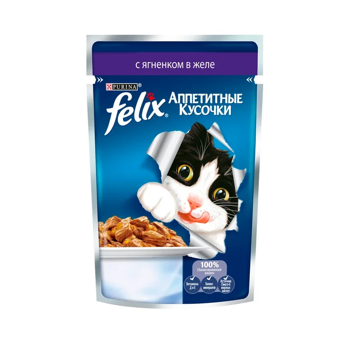 Felix Аппетитные кусочки. Корм консервированный полнорационный для взрослых кошек, с ягненком в желе