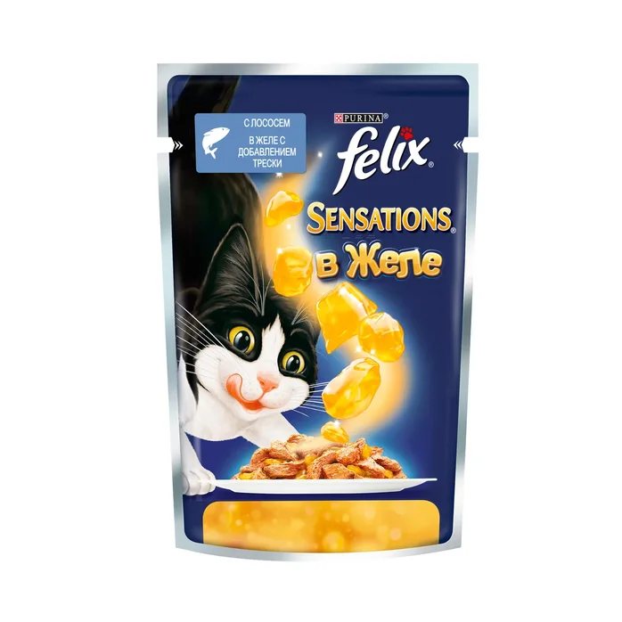 Felix Sensations. Корм консервированный полнорационный для взрослых кошек, с лососем в желе с добавлением трески