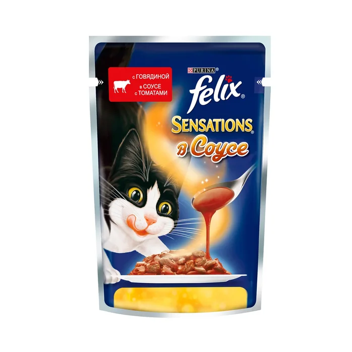 Felix Sensations в Соусе. Корм консервированный полнорационный для взрослых кошек, с говядиной в соусе с томатами