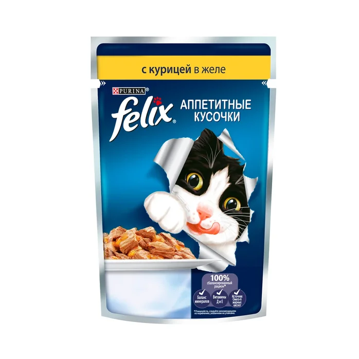 Felix Аппетитные кусочки. Корм консервированный полнорационный для взрослых кошек, с курицей в желе