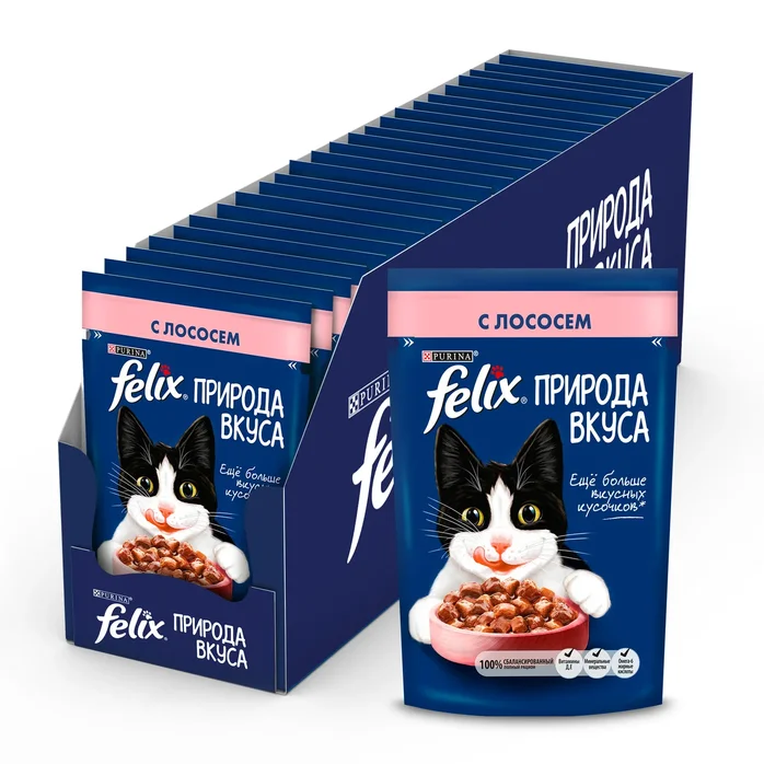 Felix Природа вкуса. Корм консервированный полнорационный для взрослых кошек, с лососем в соусе