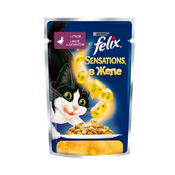 Felix Sensations в Желе. Корм консервированный полнорационный для взрослых кошек, с уткой в желе со шпинатом