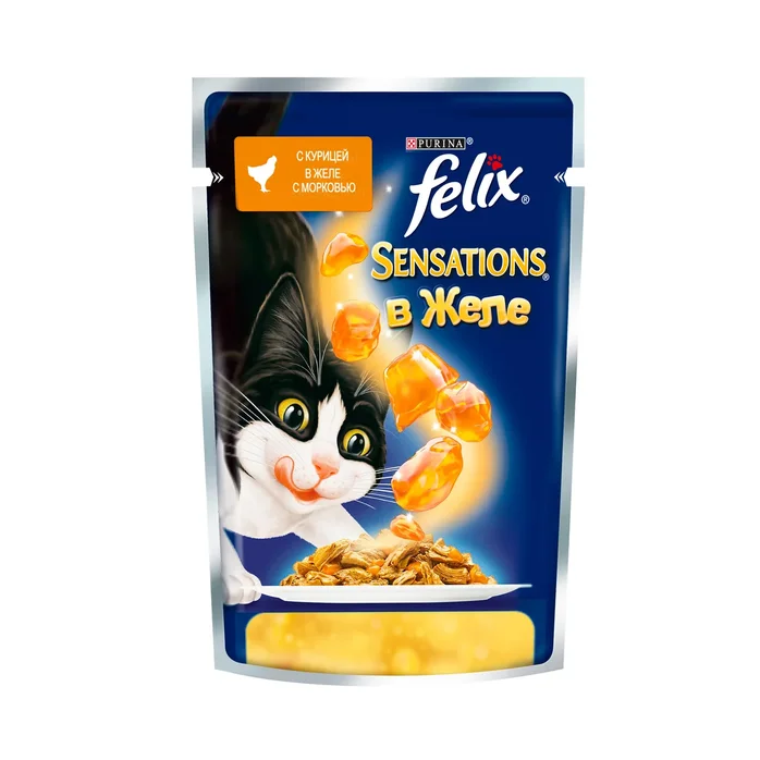 Felix Sensations. Корм консервированный полнорационный для взрослых кошек, с курицей в желе с морковью