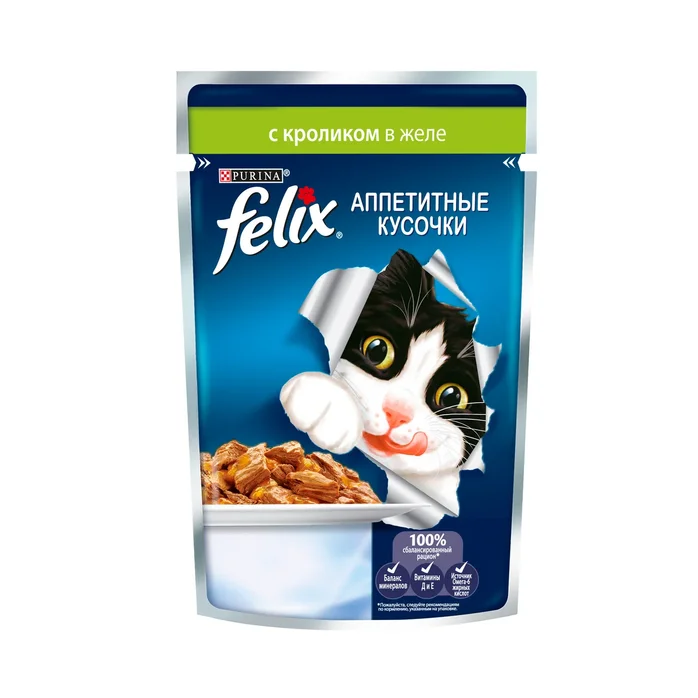Felix Аппетитные кусочки. Корм консервированный полнорационный для взрослых кошек, с кроликом в желе