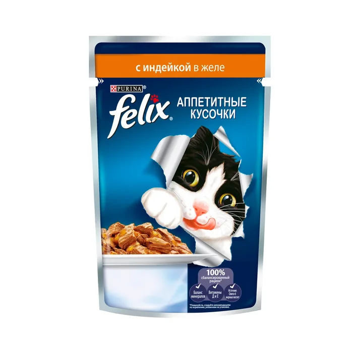 Felix Аппетитные кусочки. Корм консервированный полнорационный для взрослых кошек, с индейкой в желе