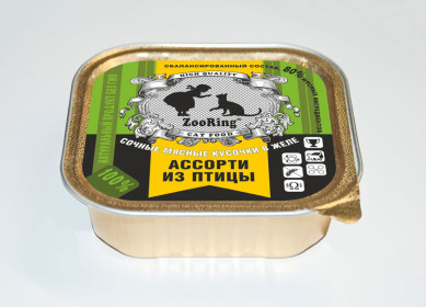 ZooRing консервированный корм для кошек кусочки в желе Ассорти из птицы, 100 гр