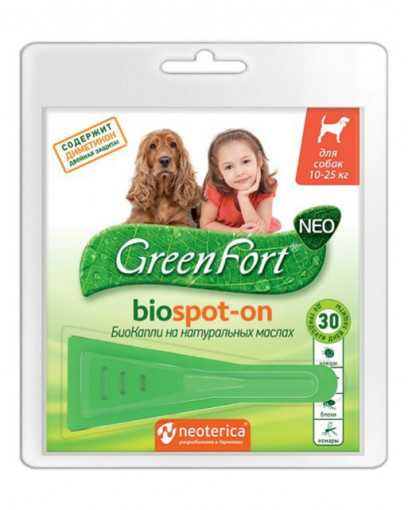 Green Fort neo БиоКапли от блох и клещей для собак средних пород 10-25 кг, 1,5 мл