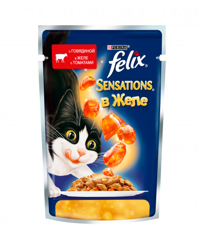Felix Sensations в Желе. Корм консервированный полнорационный для взрослых кошек, с говядиной в желе с томатами