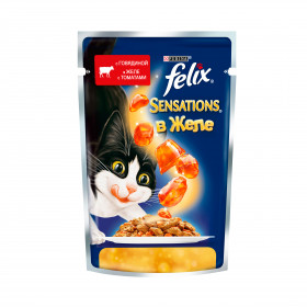 Felix Sensations в Желе. Корм консервированный полнорационный для взрослых кошек, с говядиной в желе с томатами