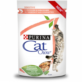 Purina Cat Chow, влажный корм для взрослых кошек с чувствительным пищеварением с лососем и кабачками в соусе