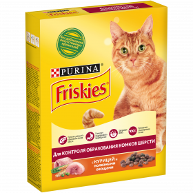 Purina Friskies, Сухой корм Friskies для взрослых кошек для контроля образования комков шерсти, с курицей и полезными овощами, Коробка