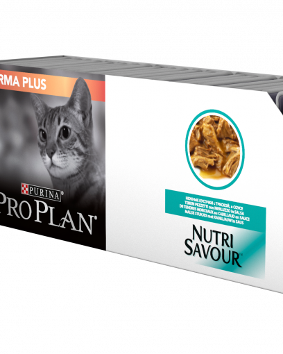 Pro Plan Nutri Savour для взрослых кошек с чувствительной кожей, нежные кусочки с треской, в соусе