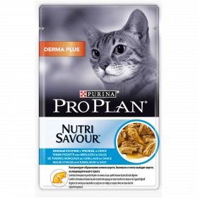 Pro Plan Nutri Savour для взрослых кошек с чувствительной кожей, нежные кусочки с треской, в соусе