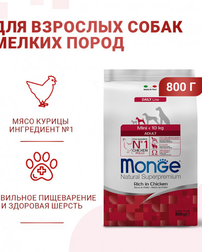 Сухой корм Monge Dog Daily Line Mini для взрослых собак мелких пород, из курицы