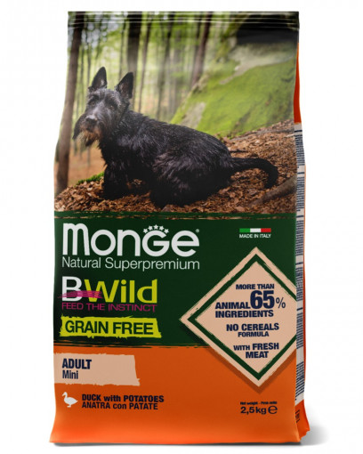 Monge Dog BWild GRAIN FREE Mini беззерновой корм из мяса утки с картофелем для взрослых собак мелких пород