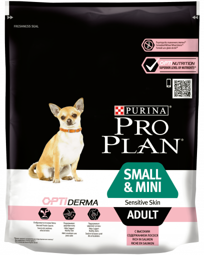 Pro Plan для взрослых собак мелких и карликовых пород с чувствительной кожей, с высоким содержанием лосося