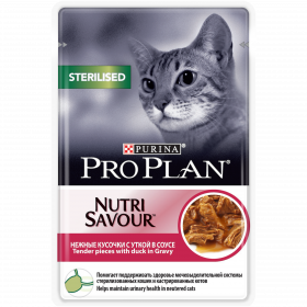 Pro Plan Nutri Savour для взрослых стерилизованных кошек и кастрированных котов, с уткой в соусе