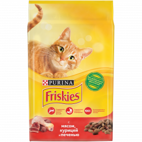 Purina Friskies, Сухой корм Friskies для взрослых кошек, с мясом, курицей и печенью, Пакет