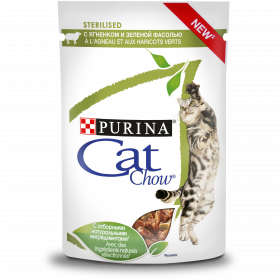 Purina Cat Chow, влажный корм для взрослых стерилизованных кошек и кастрированных котов с ягненком и зеленой фасолью в соусе