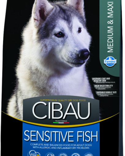 Farmina Cibau Sensitive Fish Medium & Maxi сухой корм для взрослых собак,  снижает риск развития аллергических реакций.