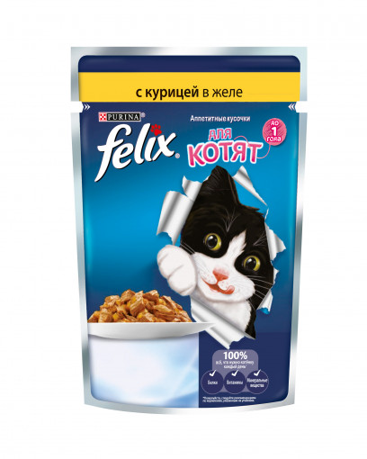 Felix Аппетитные кусочки. Корм консервированный полнорационный для котят, с курицей в желе