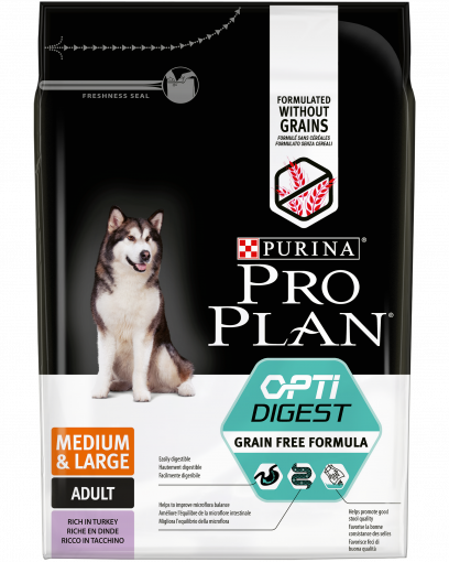 Pro Plan Grain Free Formula (беззерновой) сухой корм для взрослых собак средних и крупных пород с чувствительным пищеварением, с высоким содержанием индейки