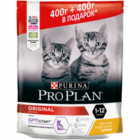 Промопак: Сухой корм Pro Plan для котят, с высоким содержанием курицы, Пакет, 400 + 400 г