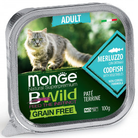 Monge Cat BWild GRAIN FREE беззерновые консервы из трески с овощами для взрослых кошек