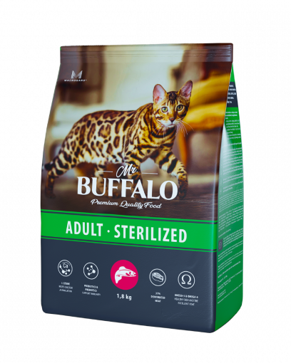 Mr.Buffalo сухой корм для взрослых стерилизованных и кастрированных котов и кошек с лососем 1,8 кг   