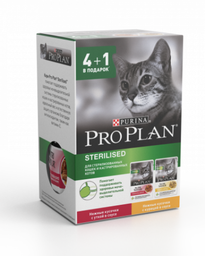 Набор Pro Plan Nutri Savour для стерилизованных кошек: Влажный корм с уткой в соусе + Влажный корм с курицей в соусе, Пауч, 5 х 85 г