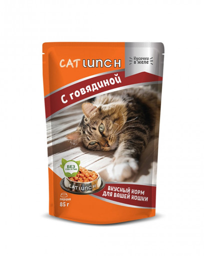 Cat Lunch консервированный корм для кошек кусочки в желе с говядиной 85 г