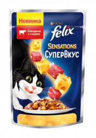 Felix Sensations Супервкус корм консервированный полнорационный для взрослых кошек, со вкусом говядины и сыра, в желе