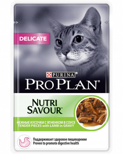 Pro Plan Nutri Savour для взрослых кошек с чувствительным пищеварением или с особыми предпочтениями в еде, с ягненком в соусе