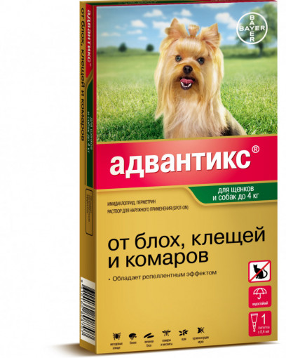 Адвантикс (Bayer) капли от блох и клещей инсектицидные для собак и щенков весом до 4 кг (1 пипетка)