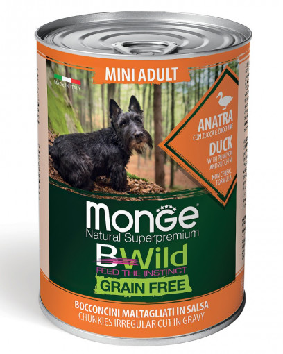 Monge Dog BWild GRAIN FREE беззерновые консервы из утки с тыквой и кабачками для взрослых собак мелких пород 400гр