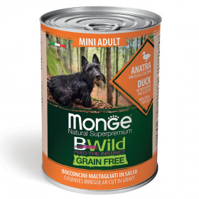 Monge Dog BWild GRAIN FREE беззерновые консервы из утки с тыквой и кабачками для взрослых собак мелких пород 400гр