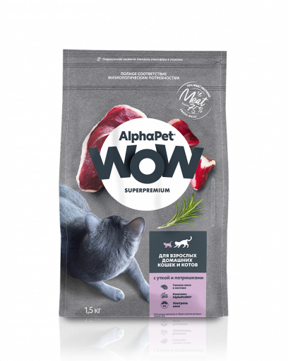 ALPHAPET WOW SUPERPREMIUM Сухой корм с уткой и потрошками для взрослых домашних кошек и котов