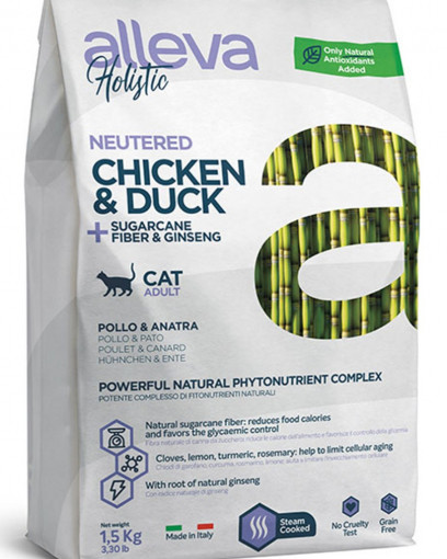 Alleva Holistic для кастрированных котов и стерилизованных кошек с курицей и уткой, волокнами сахар тростника 