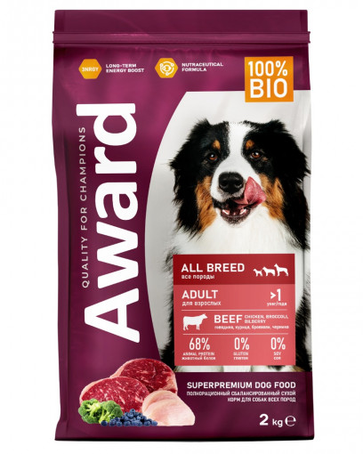 Сухой корм AWARD для взрослых собак всех пород с говядиной и курицей с добавлением брокколи и черники 2кг