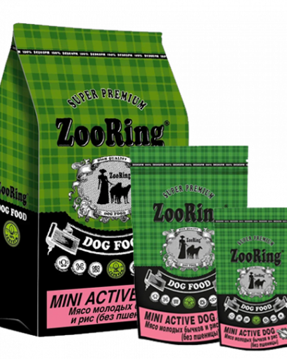 ZooRing Mini Active Dog сухой корм для собак маленьких и средних  пород мясо молодых бычков ( телятина )  и рис. 2 кг