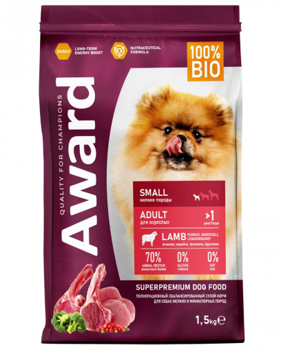 Сухой корм AWARD для взрослых собак мелких и миниатюрных пород с ягненком и индейкой с добавлением брокколи и брусники
