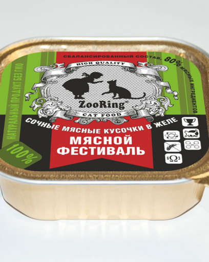 ZooRing консервированный корм для кошек кусочки в желе Мясной фестиваль, 100 гр 