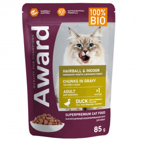 Влажный корм AWARD Hairball & Indoor для выведения шерсти у взрослых домашних кошек кусочки в соусе с уткой 85г