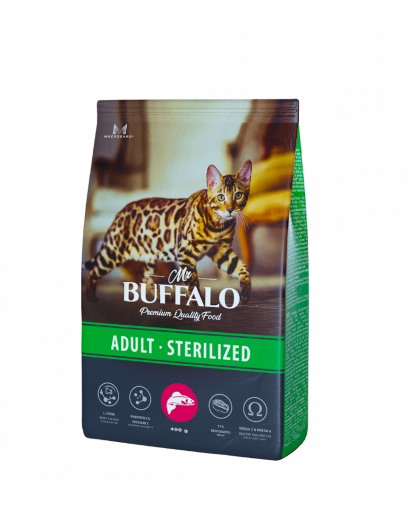 Mr.Buffalo сухой корм для взрослых стерилизованных и кастрированных котов и кошек с лососем 400 гр