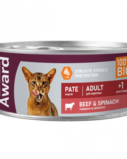 Влажный корм AWARD для взрослых кошек паштет из говядины со шпинатом 100г