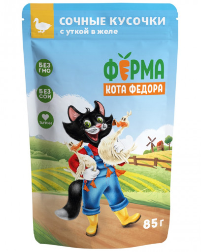 Влажный корм Ферма кота Фёдора сочные кусочки в желе для кошек с уткой 85г